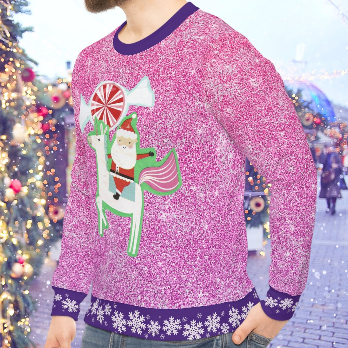 Santa on a Unicorn Pink Sparkle Ugly Christmas Sweatshirt