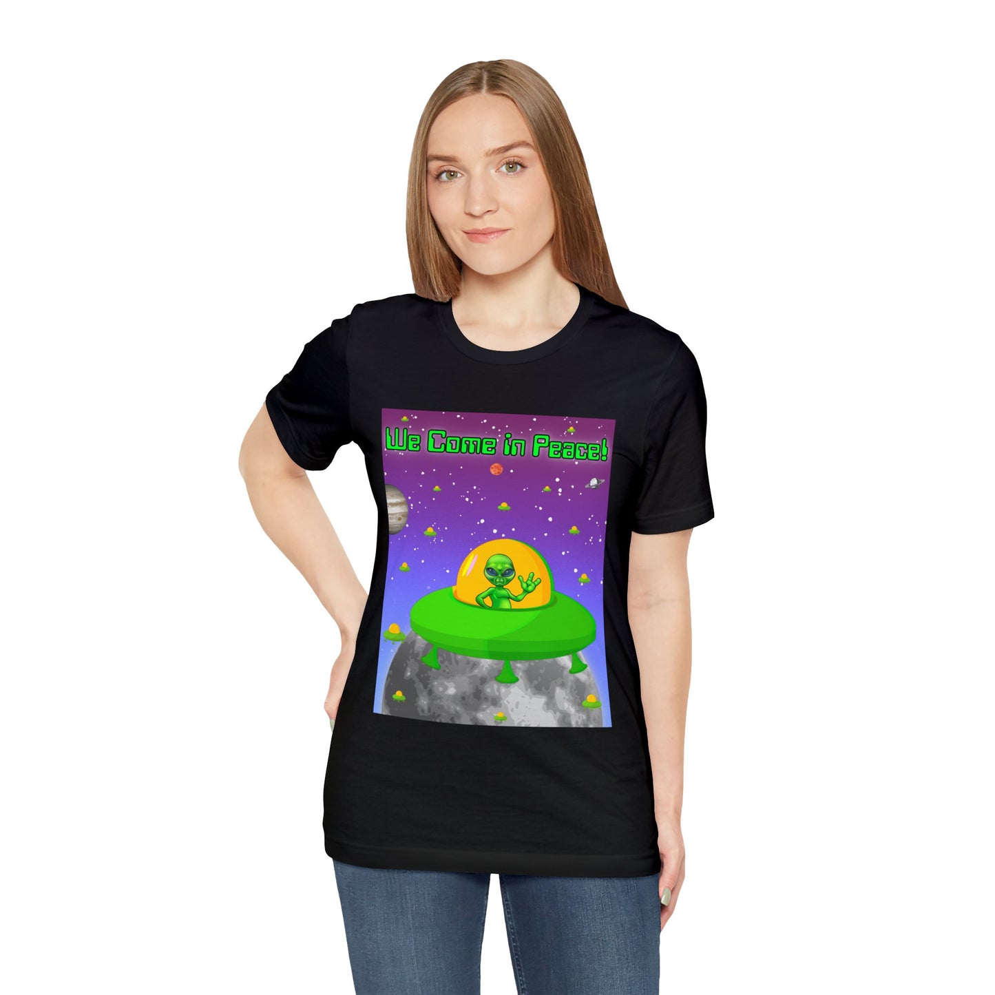 Alien Waving – We Come In Peace Unisex Jersey Short Sleeve Tee