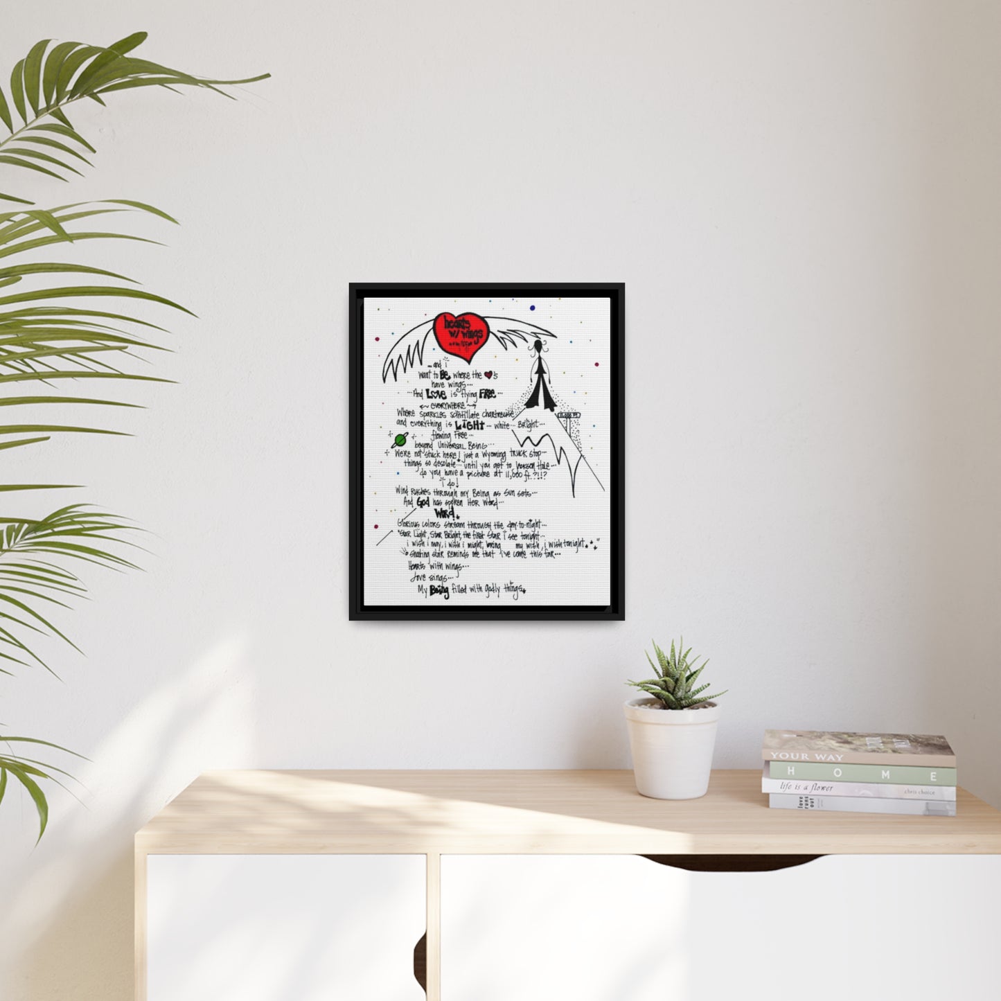 Hearts With Wings - **ncf art** - Pen, Colored Marker, Matte Canvas, Black Frame