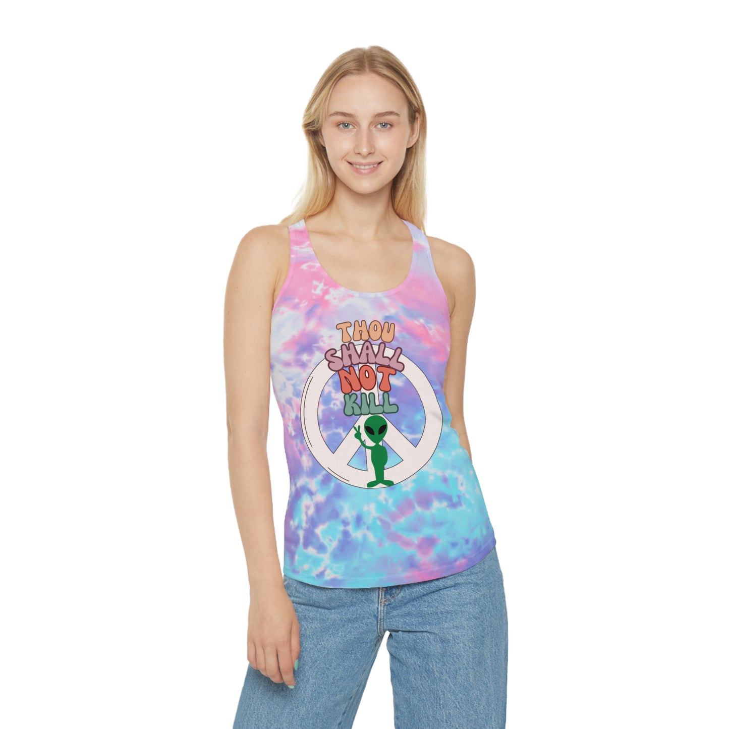 Thou Shall Not Kill Alien Peace Sign Tie Dye Racerback Tank Top