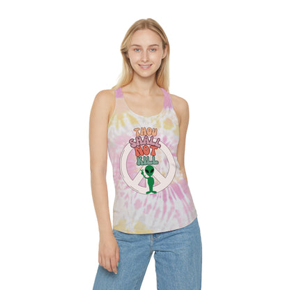 Thou Shall Not Kill Alien Peace Sign Tie Dye Racerback Tank Top