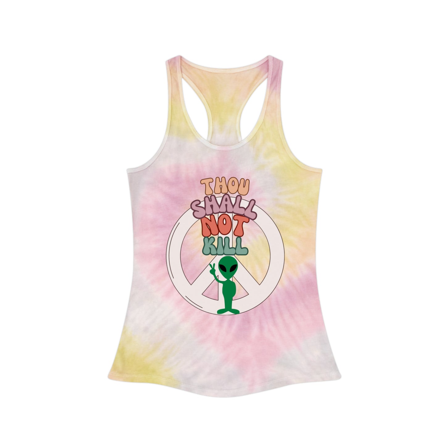 Thou Shall Not Kill Alien Peace Sign Tie Dye Racerback Tank Top