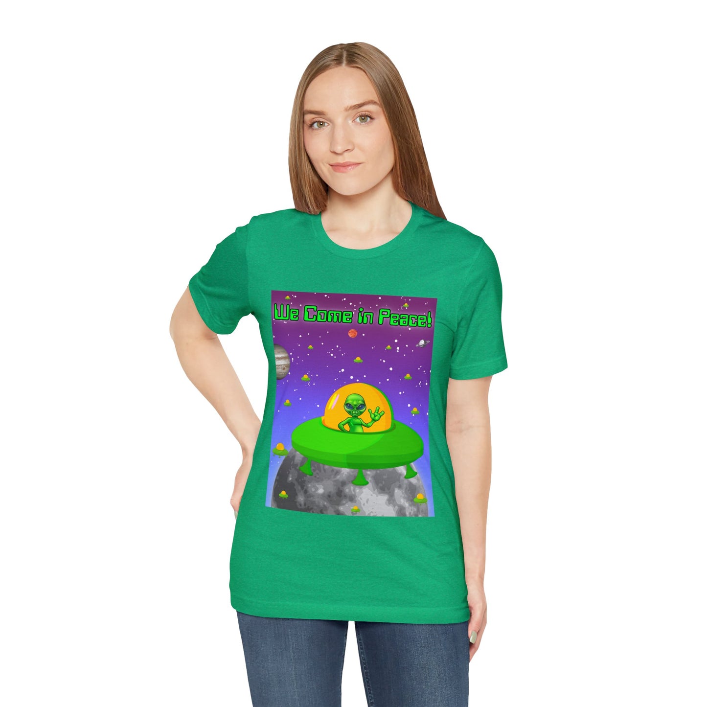 Alien Waving – We Come In Peace Unisex Jersey Short Sleeve Tee