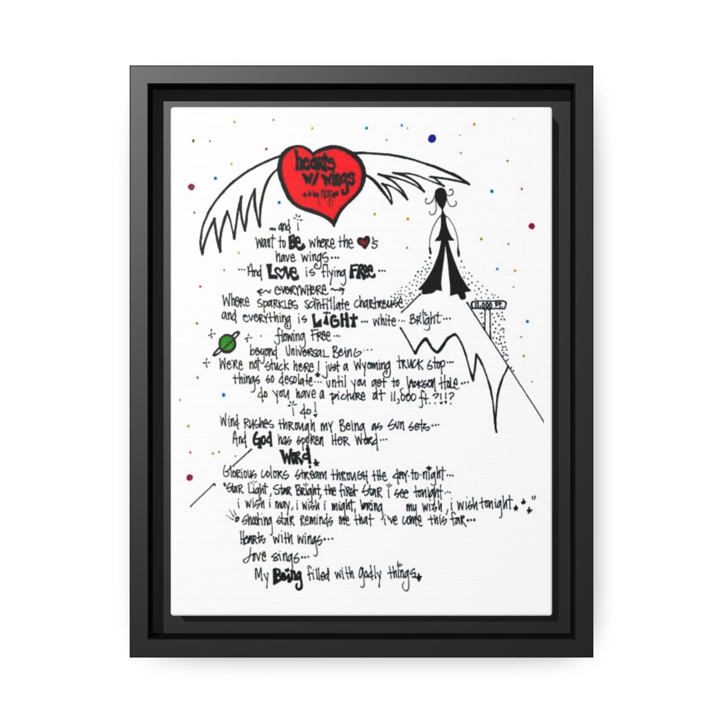 Hearts With Wings - **ncf art** - Pen, Colored Marker, Matte Canvas, Black Frame