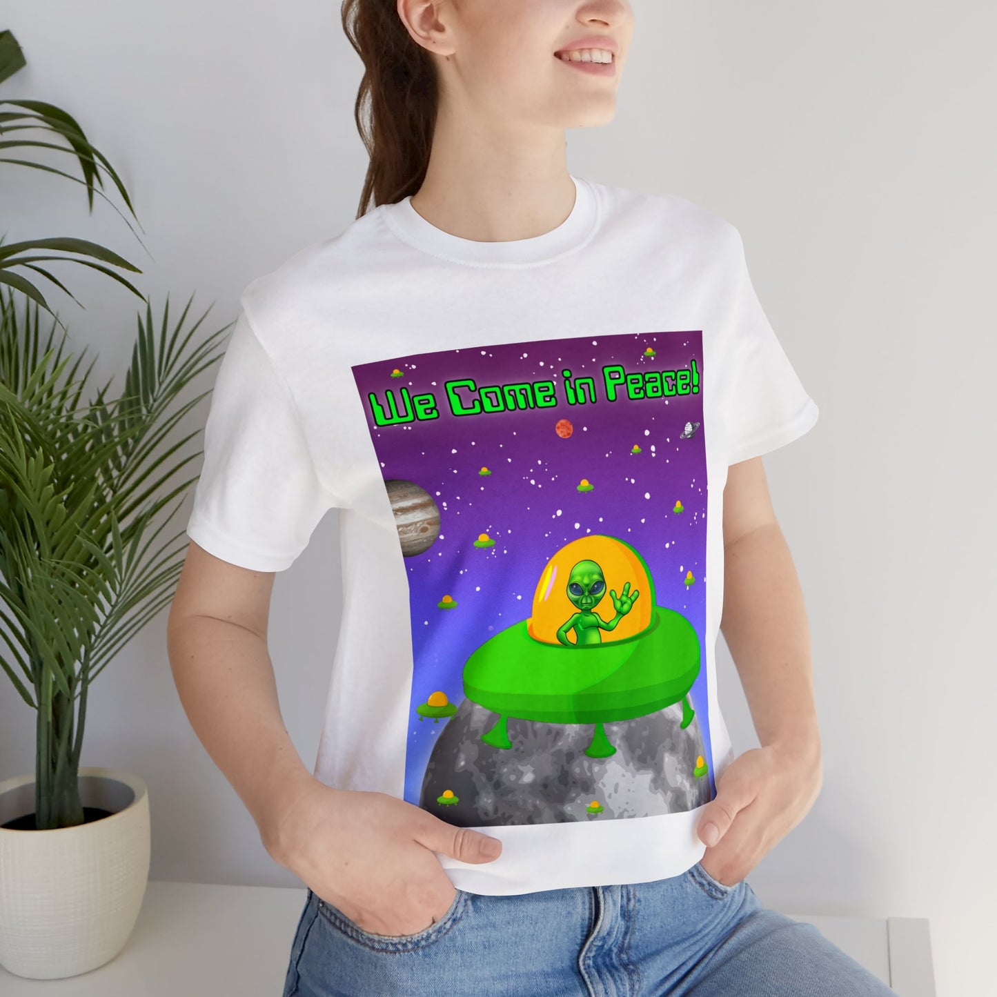 Alien Waving – We Come In Peace Unisex Jersey Short Sleeve Tee