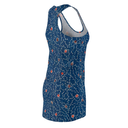 Blue Embroidered Floral Print Women's Racerback Dress