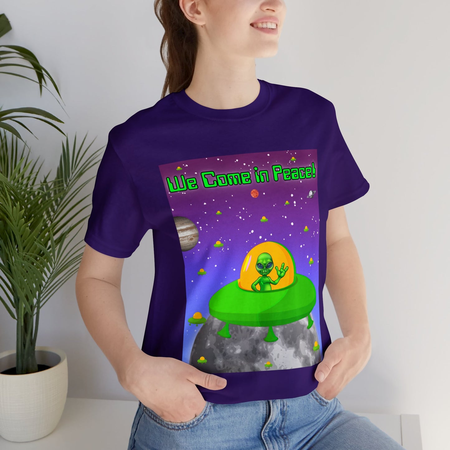 Alien Waving – We Come In Peace Unisex Jersey Short Sleeve Tee