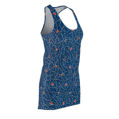 Blue Embroidered Floral Print Women's Racerback Dress