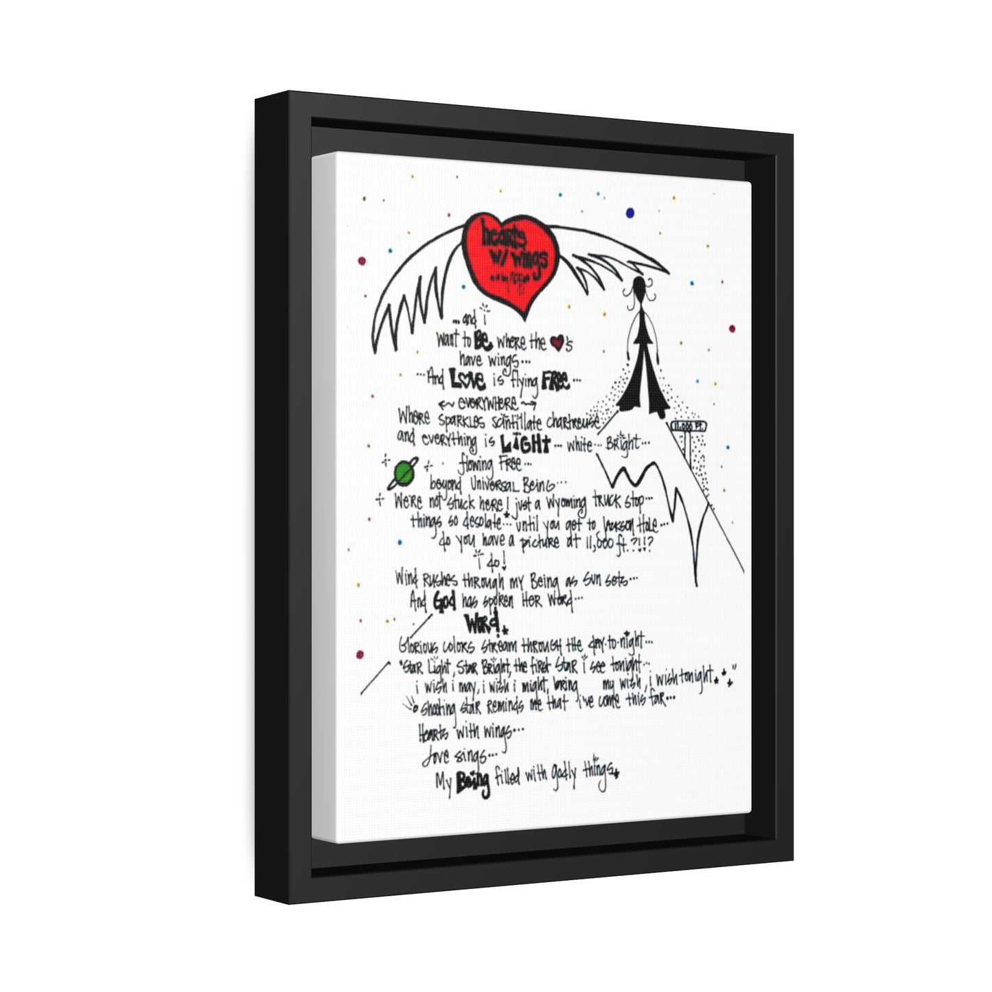 Hearts With Wings - **ncf art** - Pen, Colored Marker, Matte Canvas, Black Frame