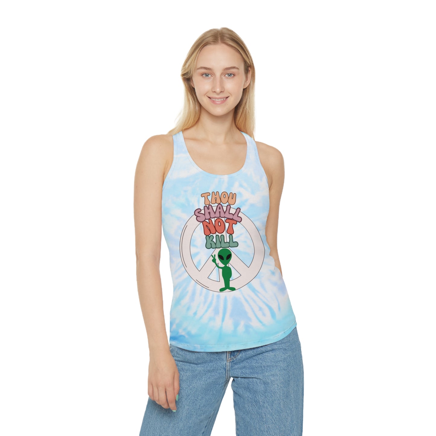 Thou Shall Not Kill Alien Peace Sign Tie Dye Racerback Tank Top