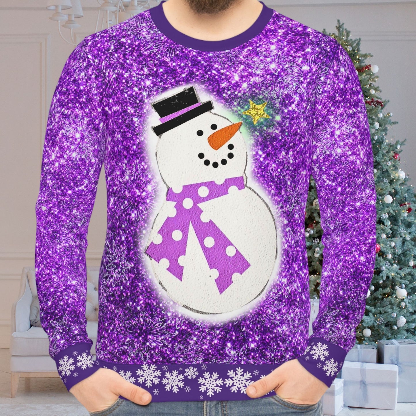 Cute Snowman Purple Sparkle Ugly Christmas Sweatshirt