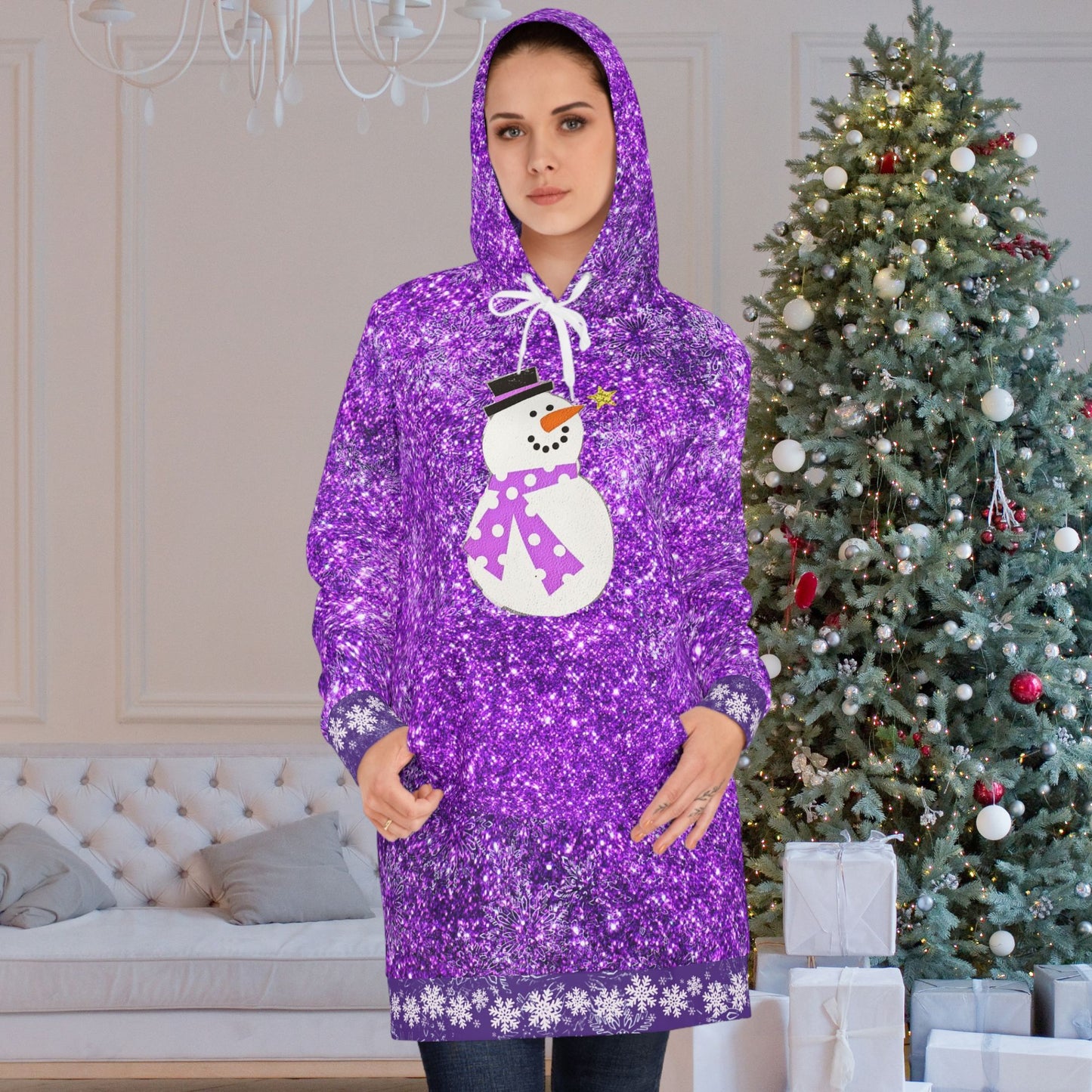 Cute Snowman Purple Sparkle Hoodie Dress