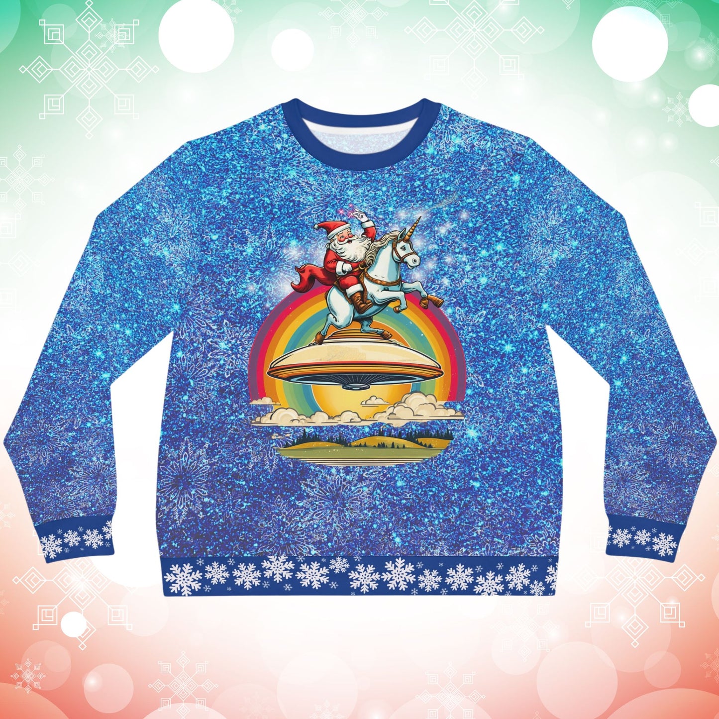 Happy Santa on a Unicorn on a UFO Blue Sparkle Ugly Christmas Sweatshirt