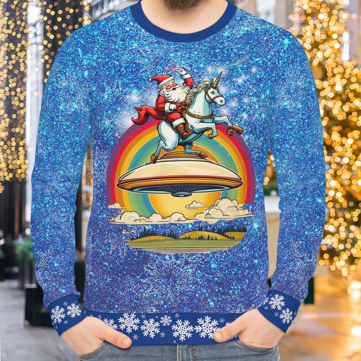 Happy Santa on a Unicorn on a UFO Blue Sparkle Ugly Christmas Sweatshirt