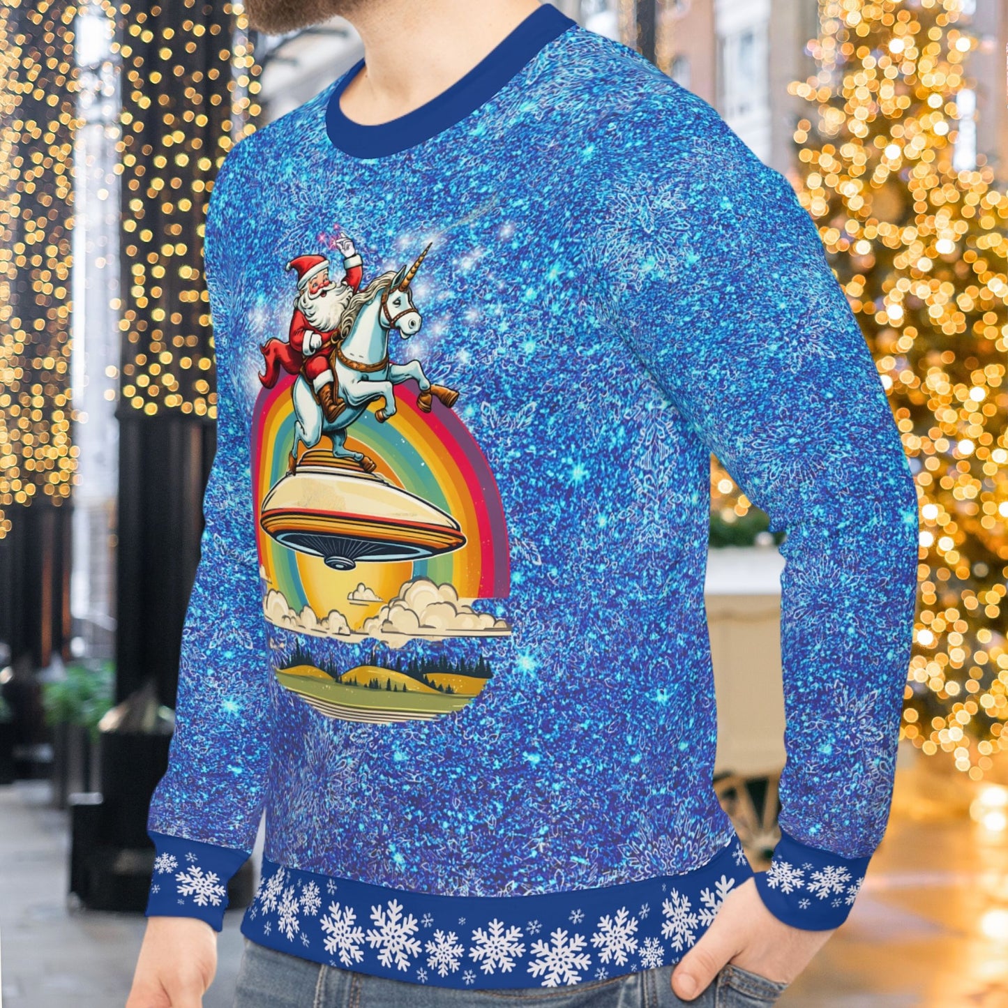 Happy Santa on a Unicorn on a UFO Blue Sparkle Ugly Christmas Sweatshirt