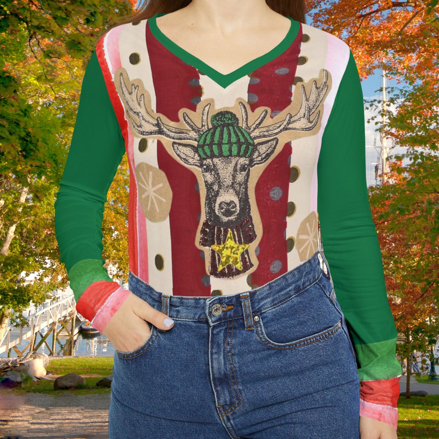 Holiday Deer Women's Long Sleeve V-neck Shirt