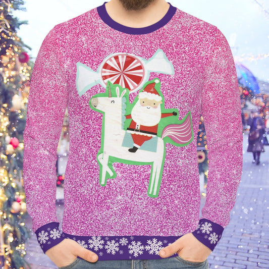 Santa on a Unicorn Pink Sparkle Ugly Christmas Sweatshirt