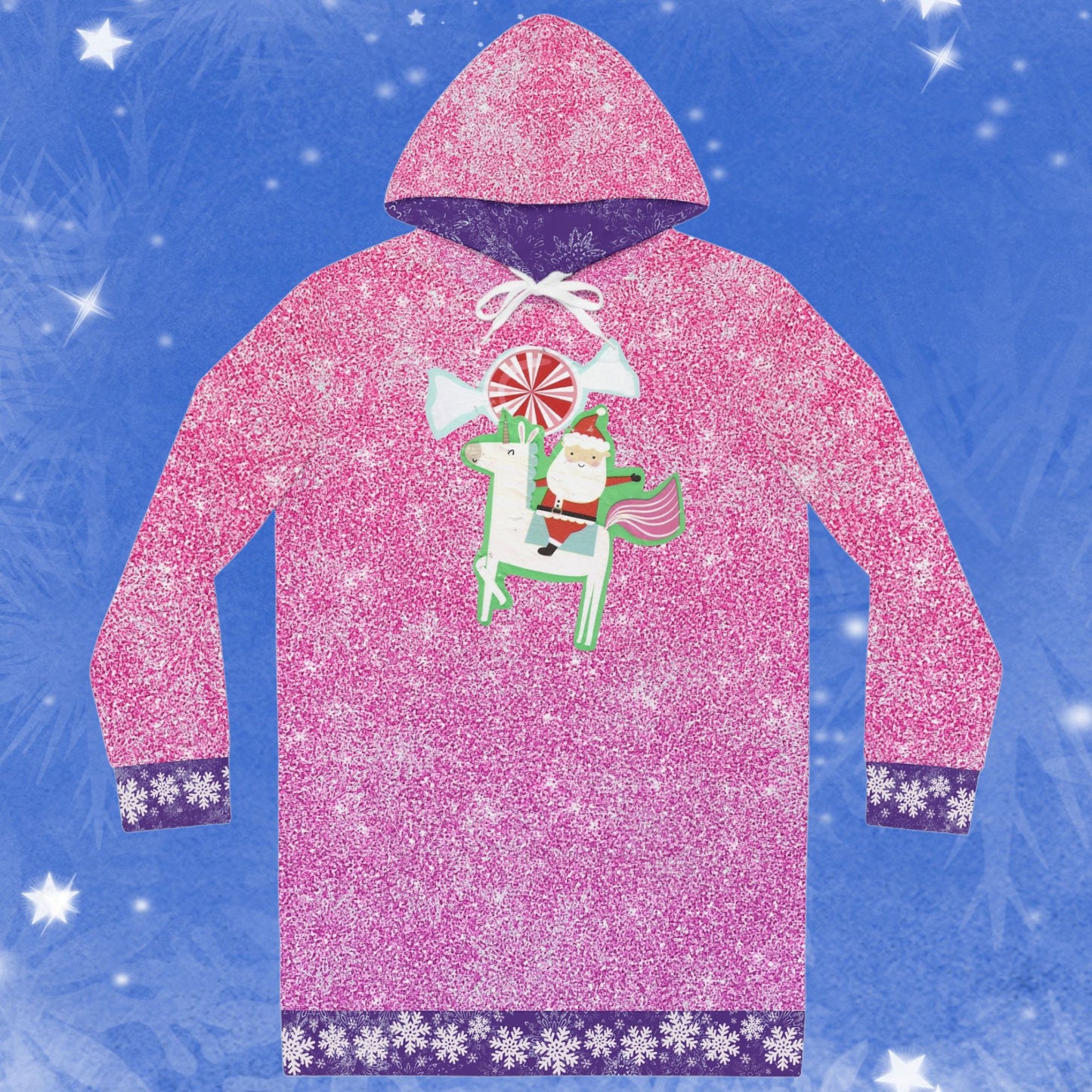 Santa on a Unicorn Pink Sparkle Hoodie Dress