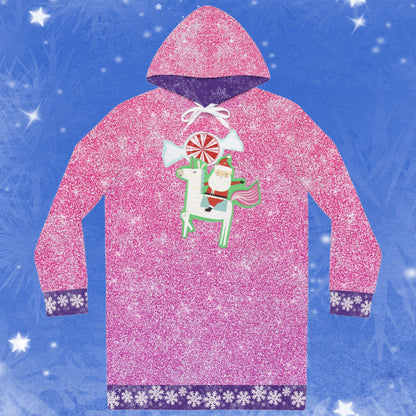 Santa on a Unicorn Pink Sparkle Hoodie Dress