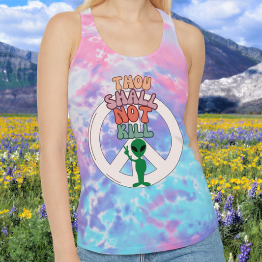 Thou Shall Not Kill Alien Peace Sign Tie Dye Racerback Tank Top