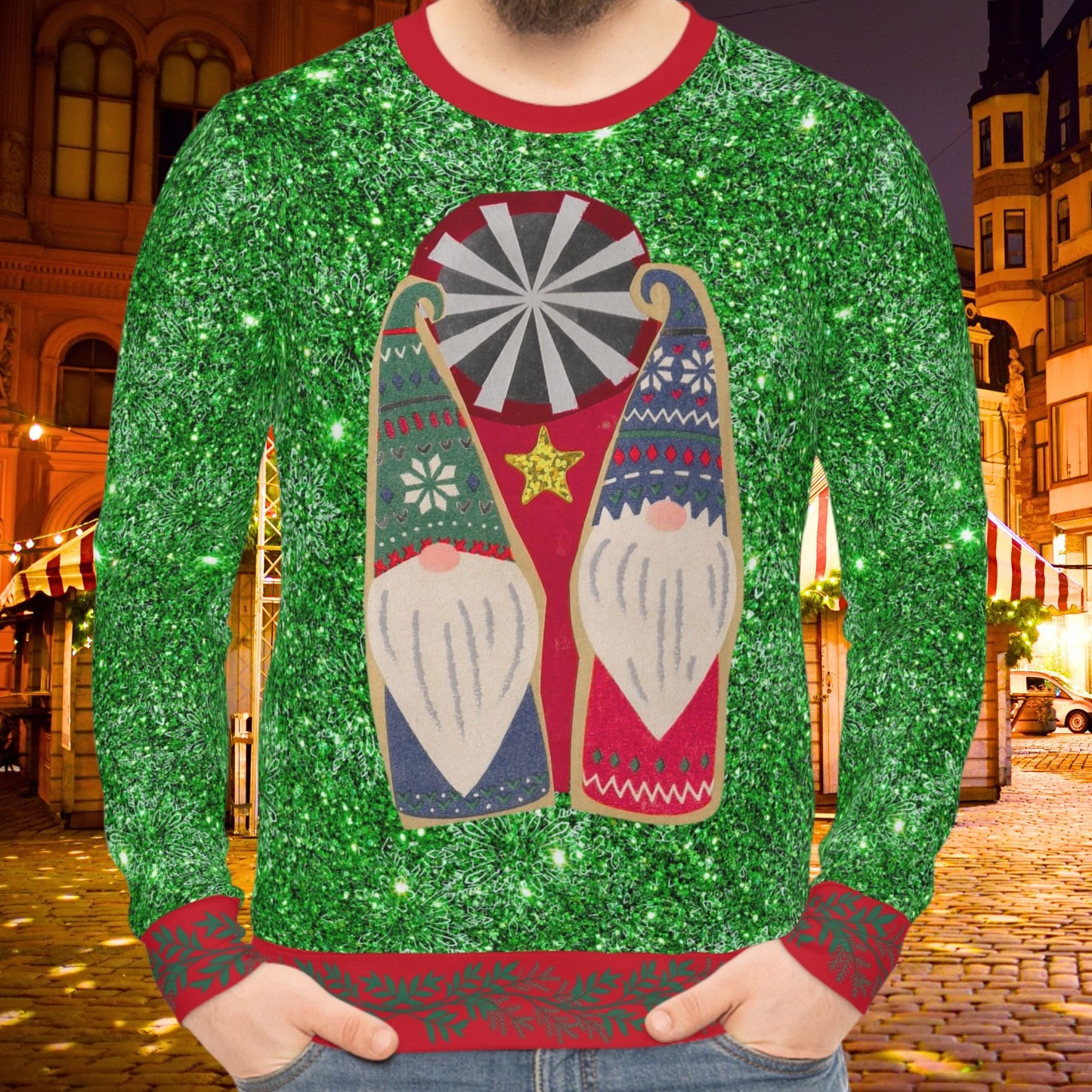 Two Cute Gnomes Under A Snowflake Green Sparkle Ugly Christmas Sweatshirt